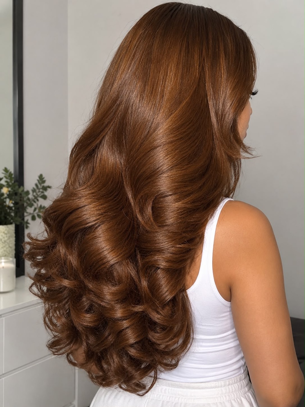 Long, glossy wig with soft curled ends, seen from behind